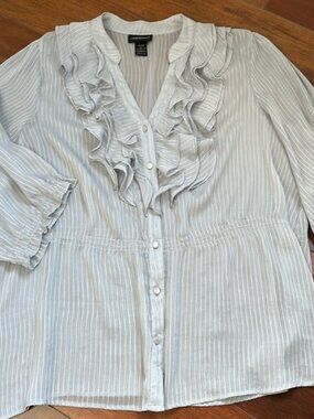 Lane Bryant Sheer 1/4 Sleeve Ruffle Front Blouse Silver 22/24